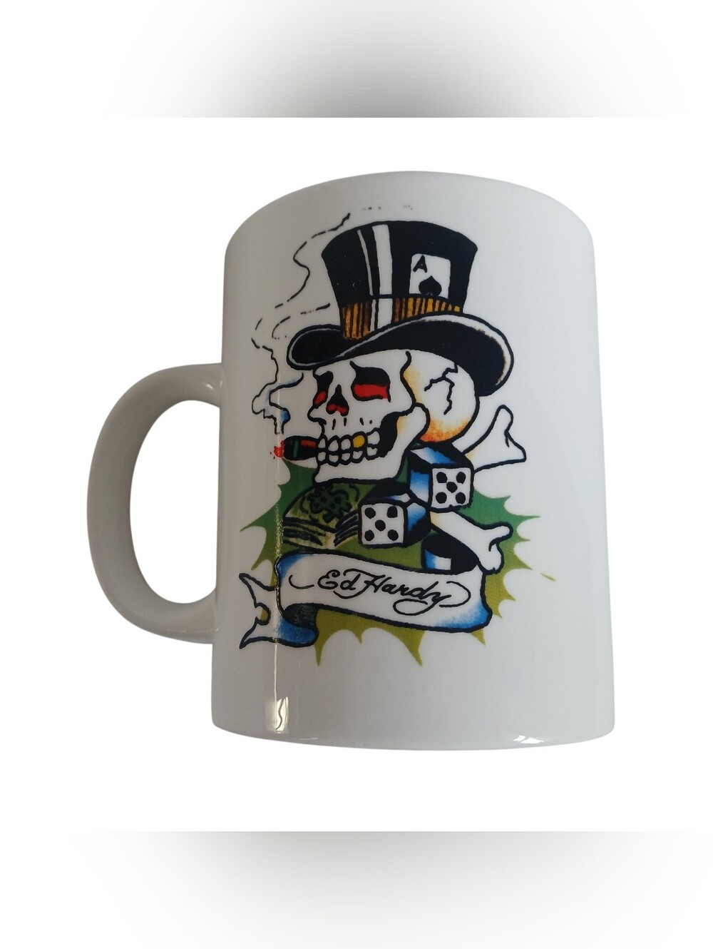 Ed Hardy White Mug with Skull Tattoo Gambling 16 oz Snake Eagle Grunge Dice